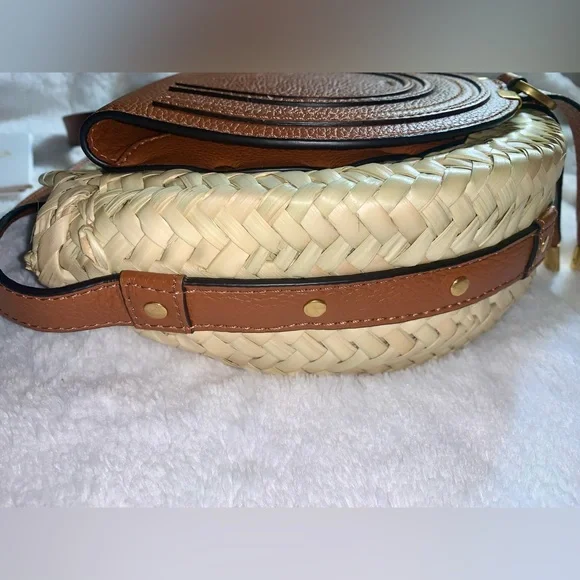 Chloe Marcie Woven Palm Round Crossbody Bag (Tan)